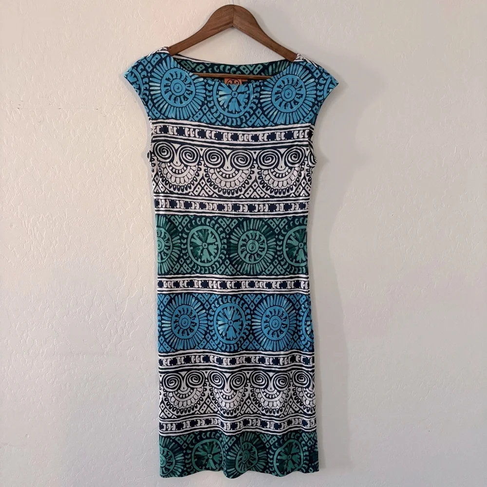 Tory‎ Burch Medallion Print Cap Sleeve Silk Shift Dress Small Blue Green Women’s